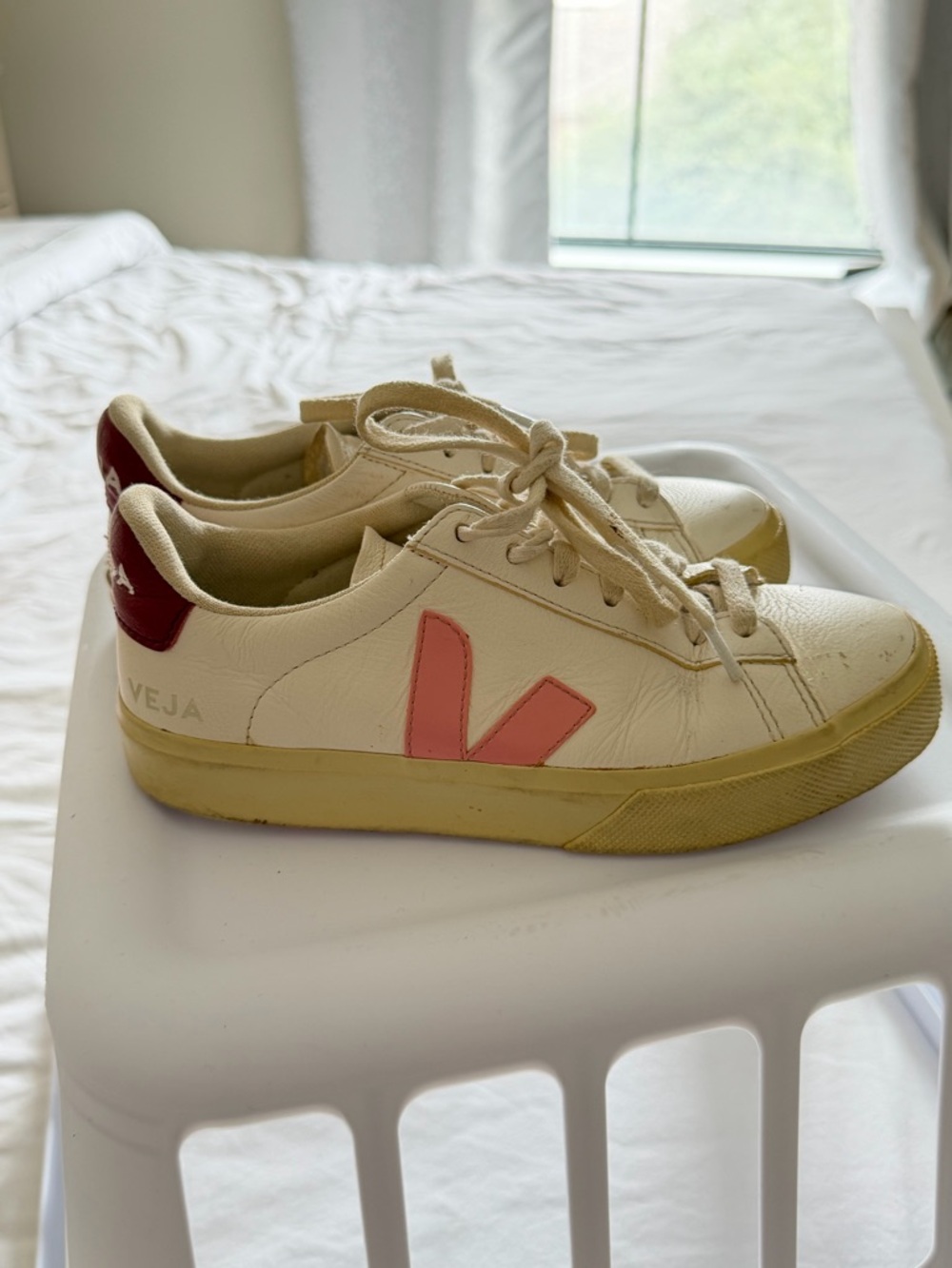 Veja Women's Low-Top Sneakers in White with Pink V and Red Heel